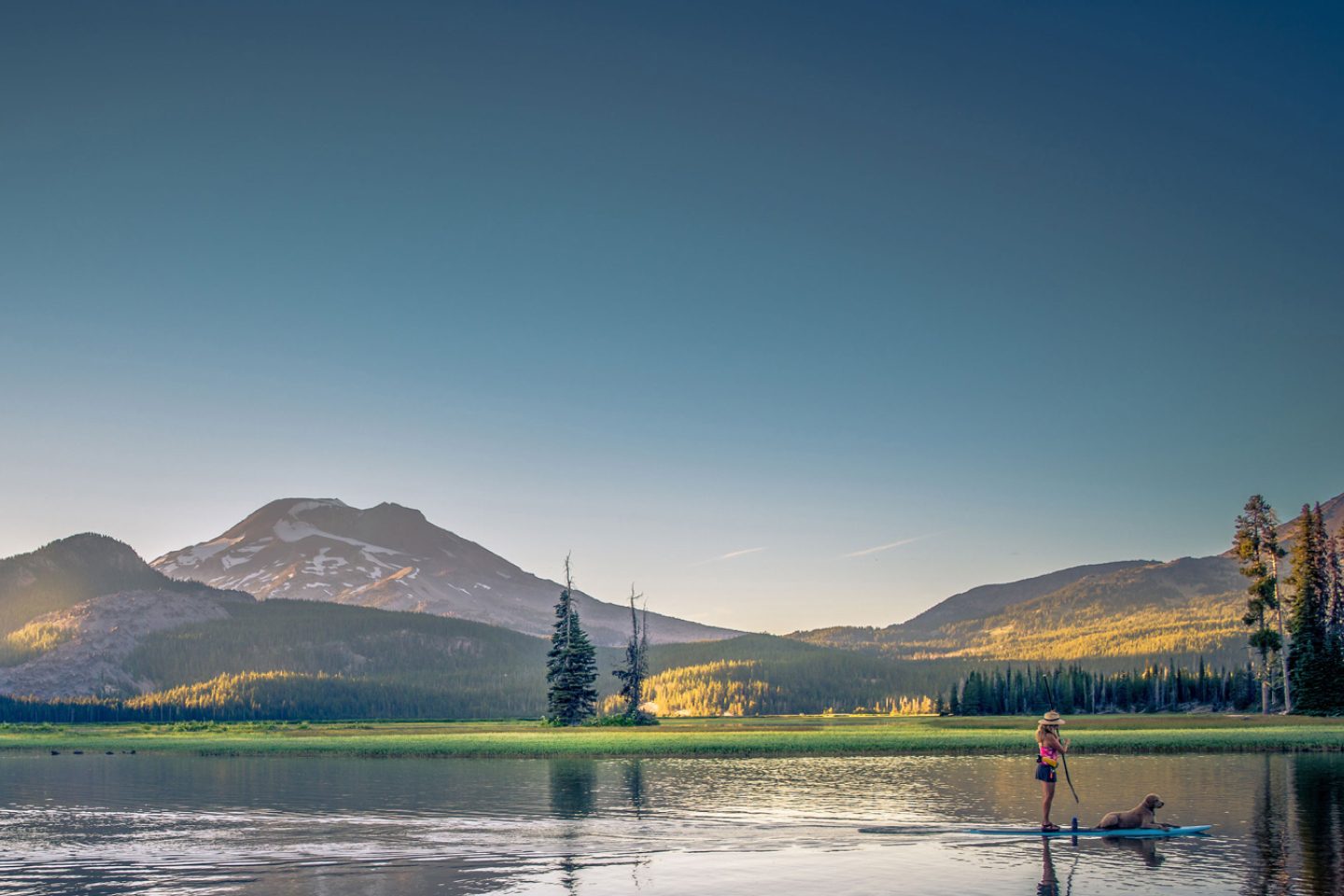 woman standup paddling with her dog on a calm river