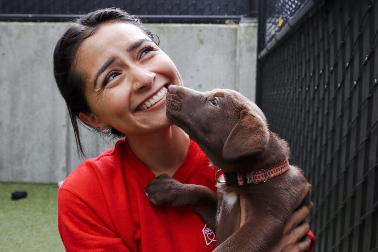 smiling woman holding a puppy
