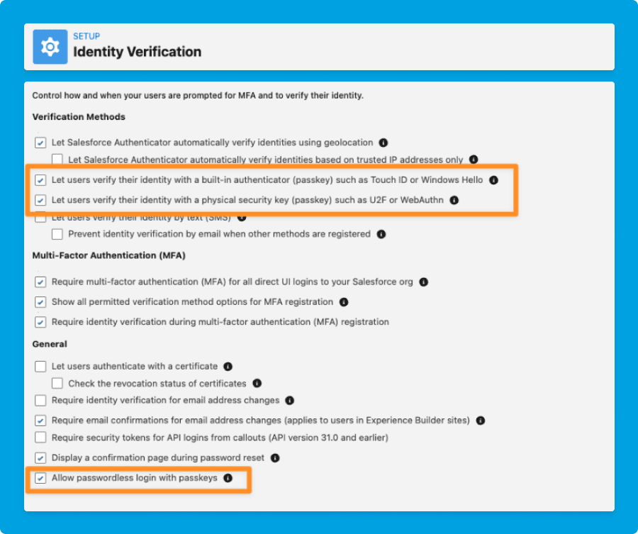 Salesforce Identify Verification Settings
