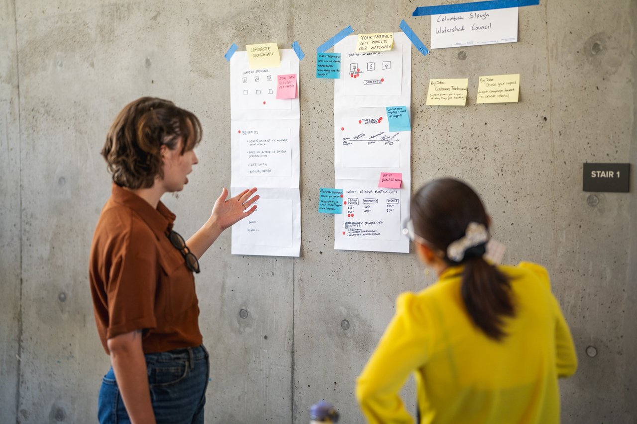 Two workshop participants work through campaign ideas.