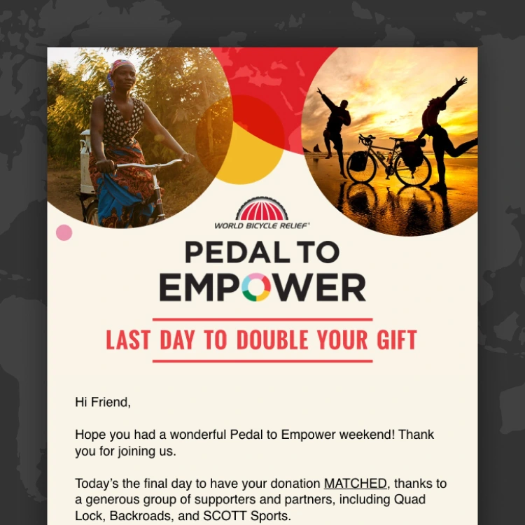 An email template showing a cycling fundraising campaign